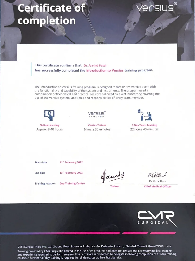 Certificate awarded to Dr. Arvind G. Patel