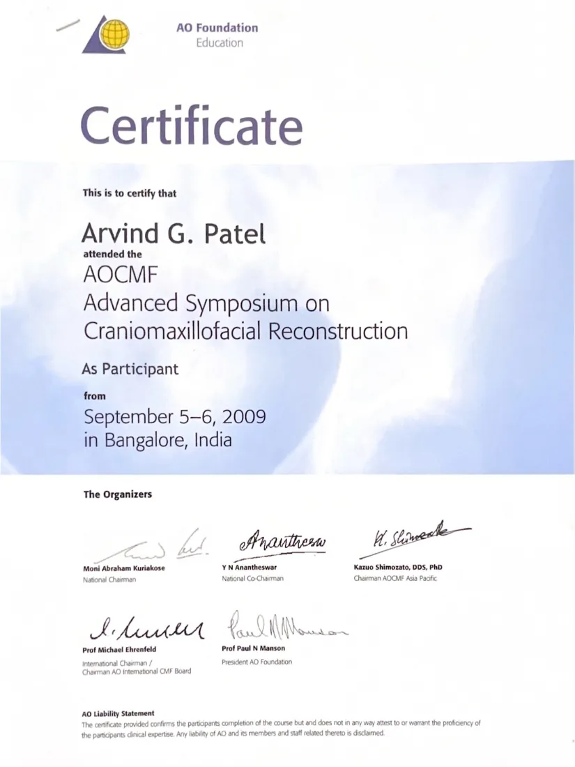 Certificate awarded to Dr. Arvind G. Patel