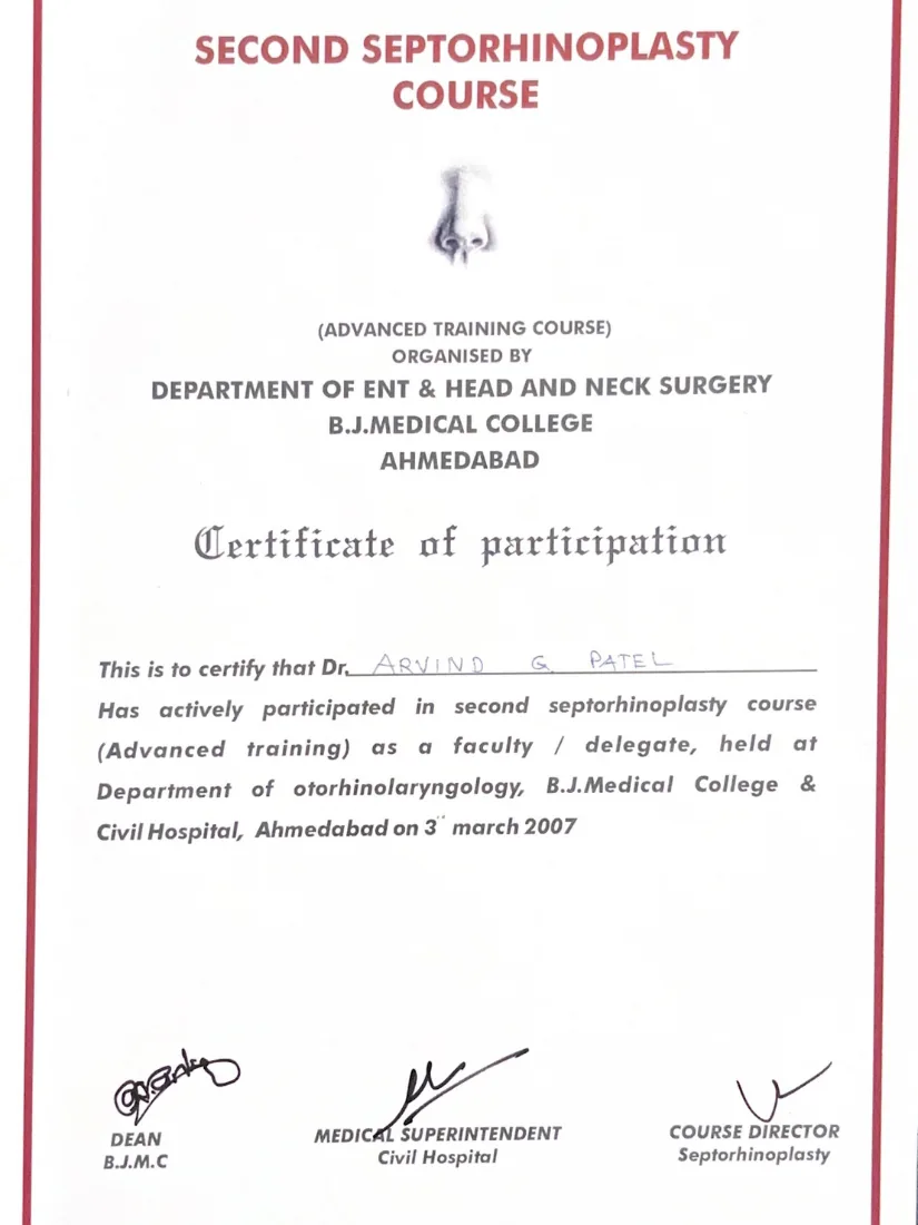 Certificate awarded to Dr. Arvind G. Patel