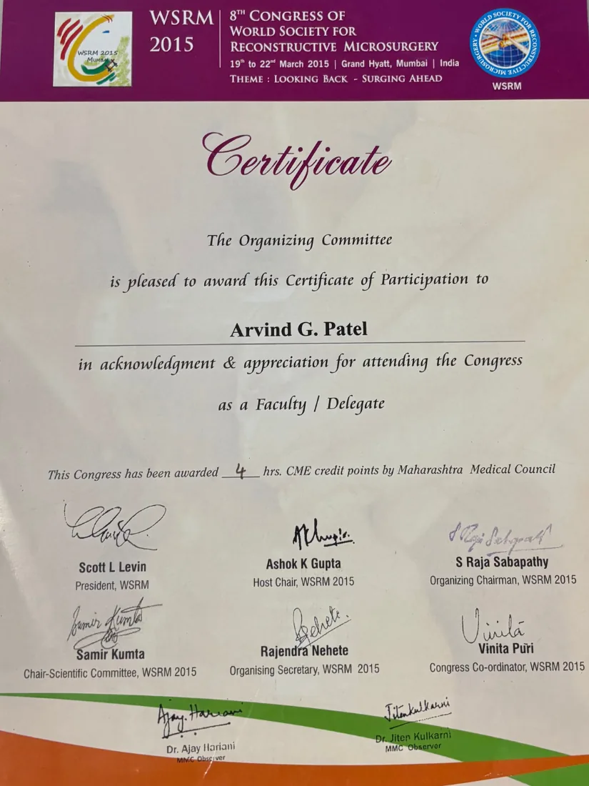 Certificate awarded to Dr. Arvind G. Patel