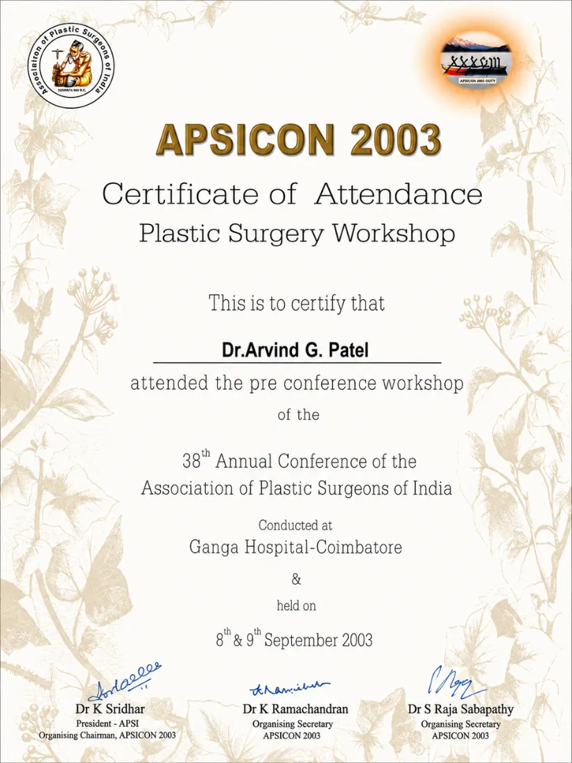 Certificate awarded to Dr. Arvind G. Patel