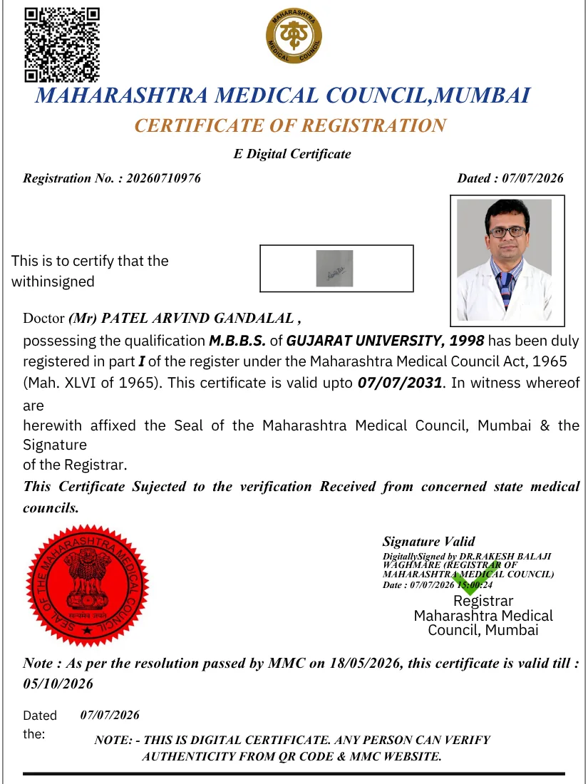 Certificate awarded to Dr. Arvind G. Patel