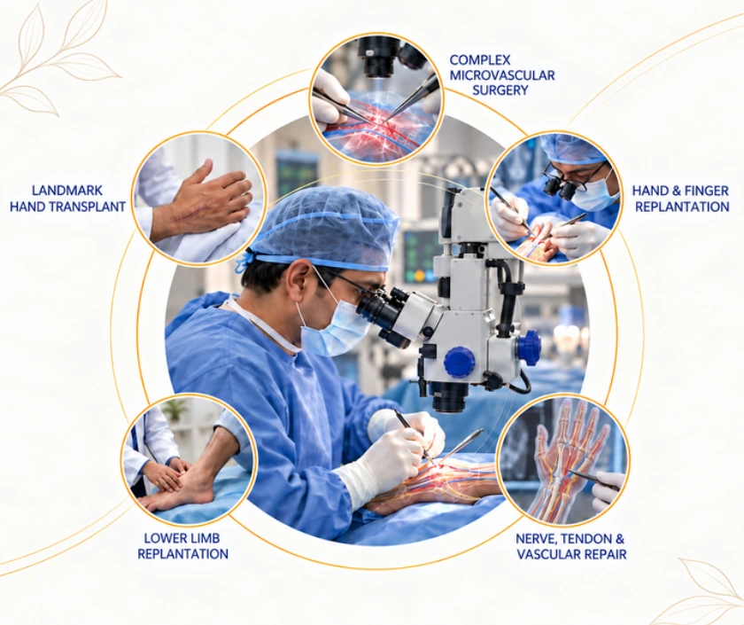 Dr. Arvind Patel operating under the microscope at Kiran Hospital, Surat